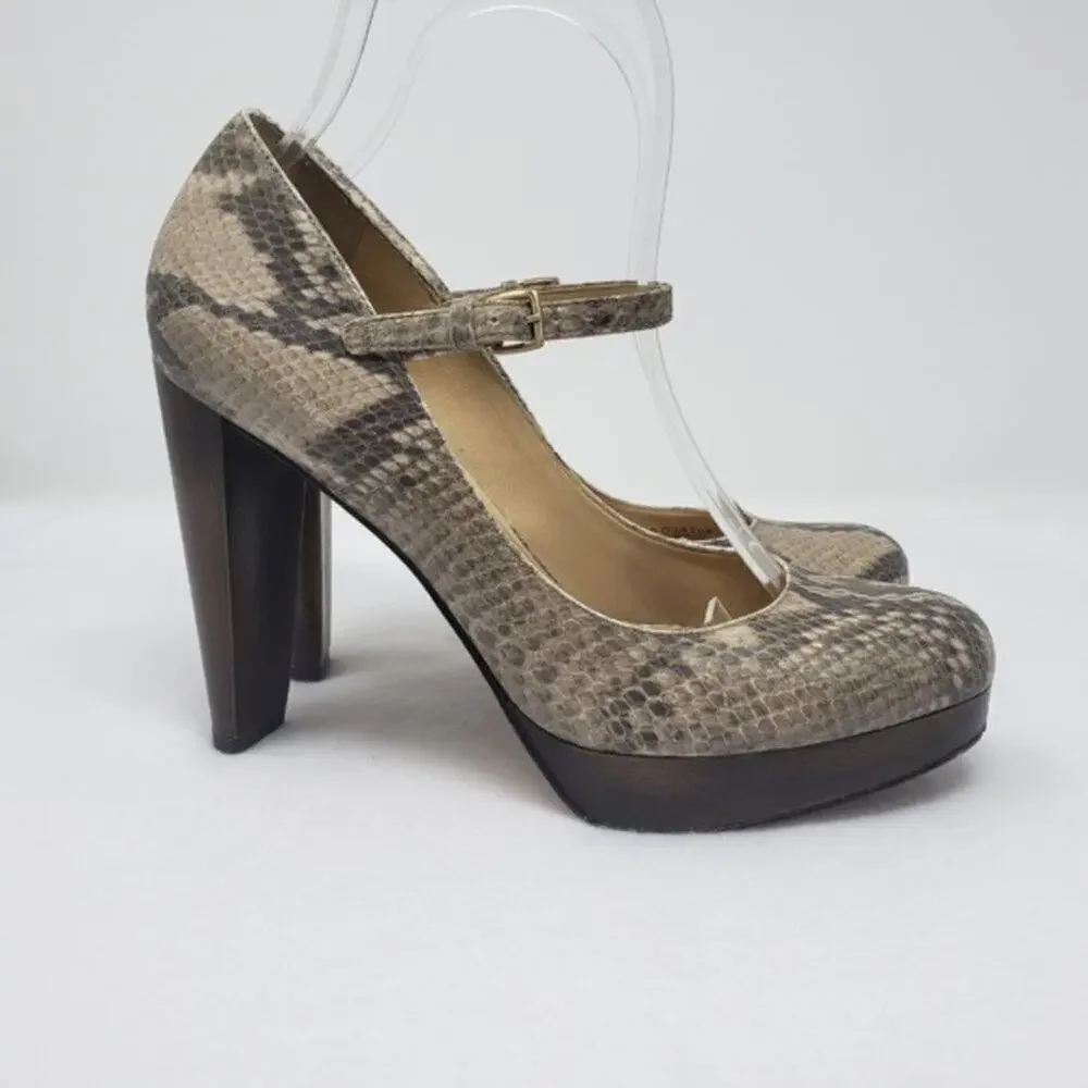 Cole Haan Snake Print Mary Jane Ankle Strap Block Heel Almond Toe Platform Pumps